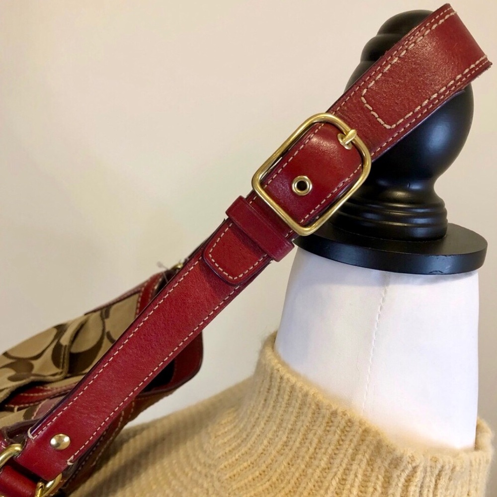 COACH Hampton Signature C Canvas Crimson Red Leather Embroidered Shoulder Bag - Picture 5 of 16